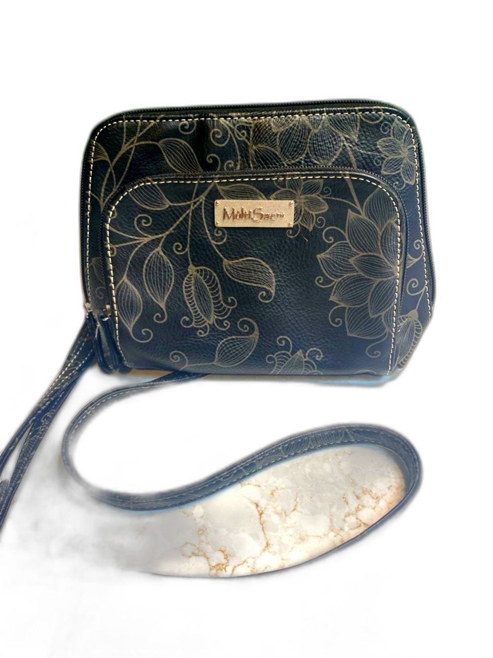 Multisac Black Floral Fabric Crossbody Bag Cream Stitching